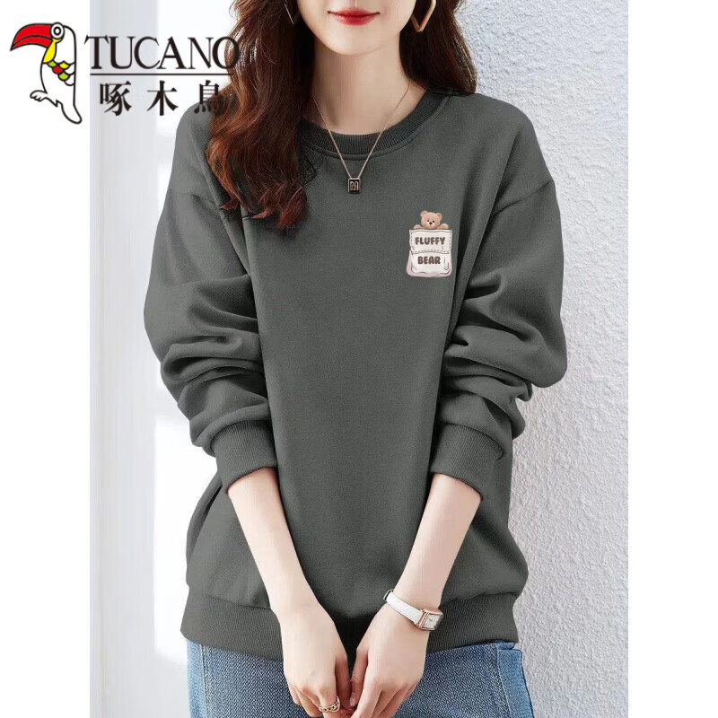 啄木鸟（TUCANO）2026新款纯.棉卫衣女宽松显瘦圆领上衣休闲百搭加绒秋冬卫衣女 口袋熊-杏色【不加绒】 S 【建议70-100斤】