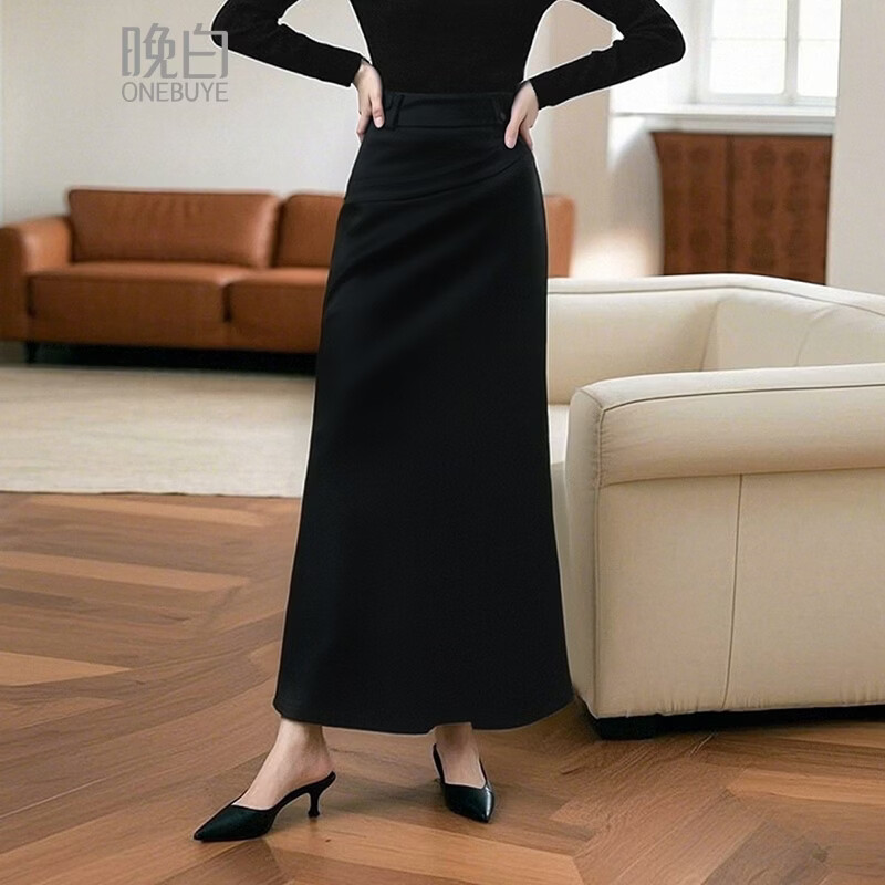 晚白【断码清仓】年秋季款时尚高腰直筒遮肉显瘦通勤减龄休闲半身裙 黑色 S