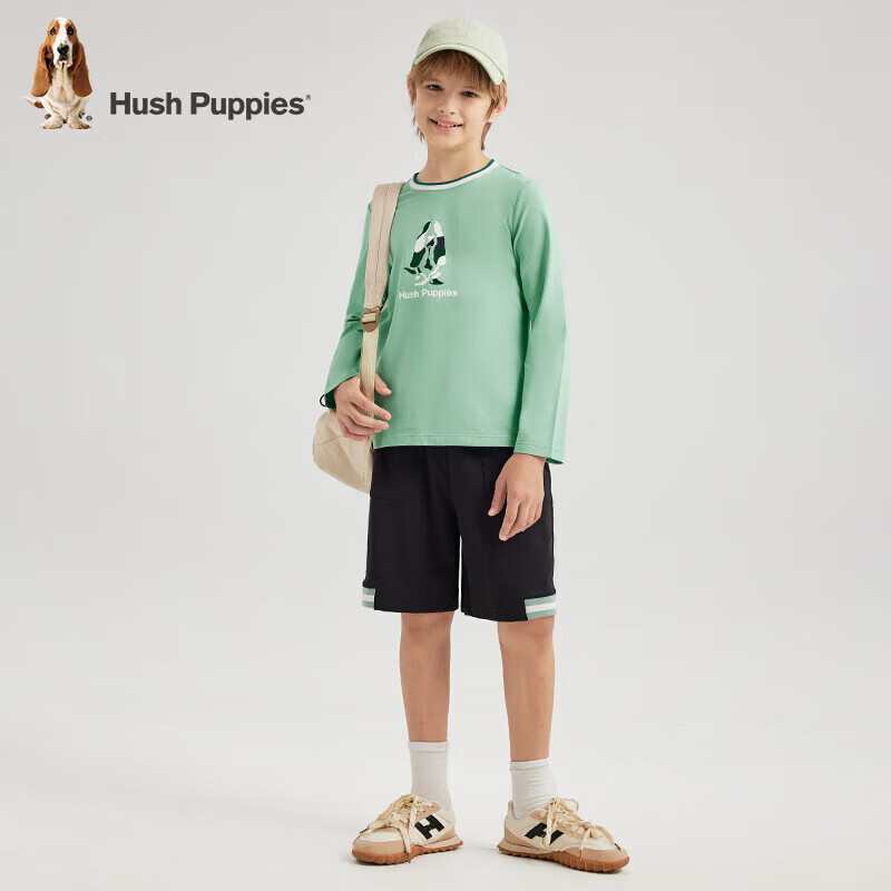 暇步士(Hush Puppies)【天丝系列】童装儿童男女大童秋季弹力舒适柔软经典长袖圆领衫 海浪绿 130