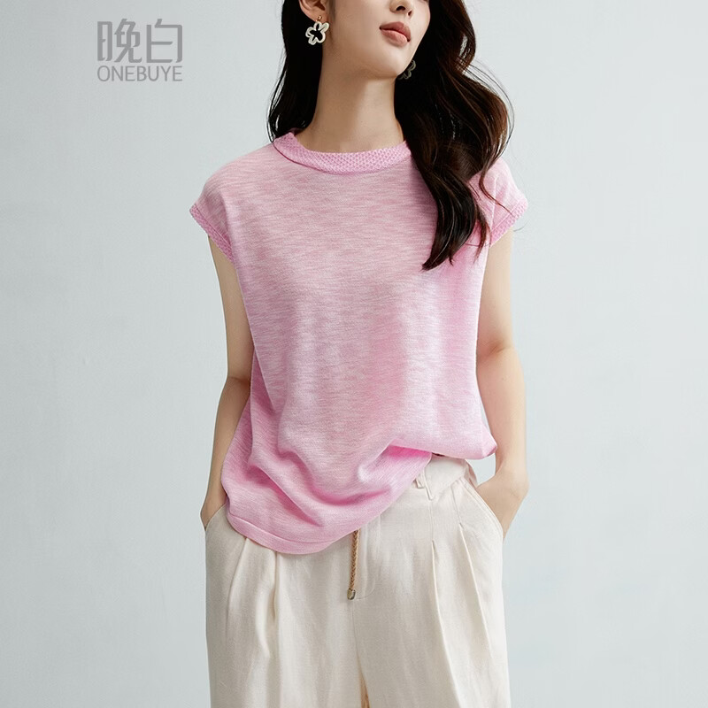 晚白【新品】2026年春款时尚圆领上衣弹力宽松舒适轻薄针织衫女 粉色 M