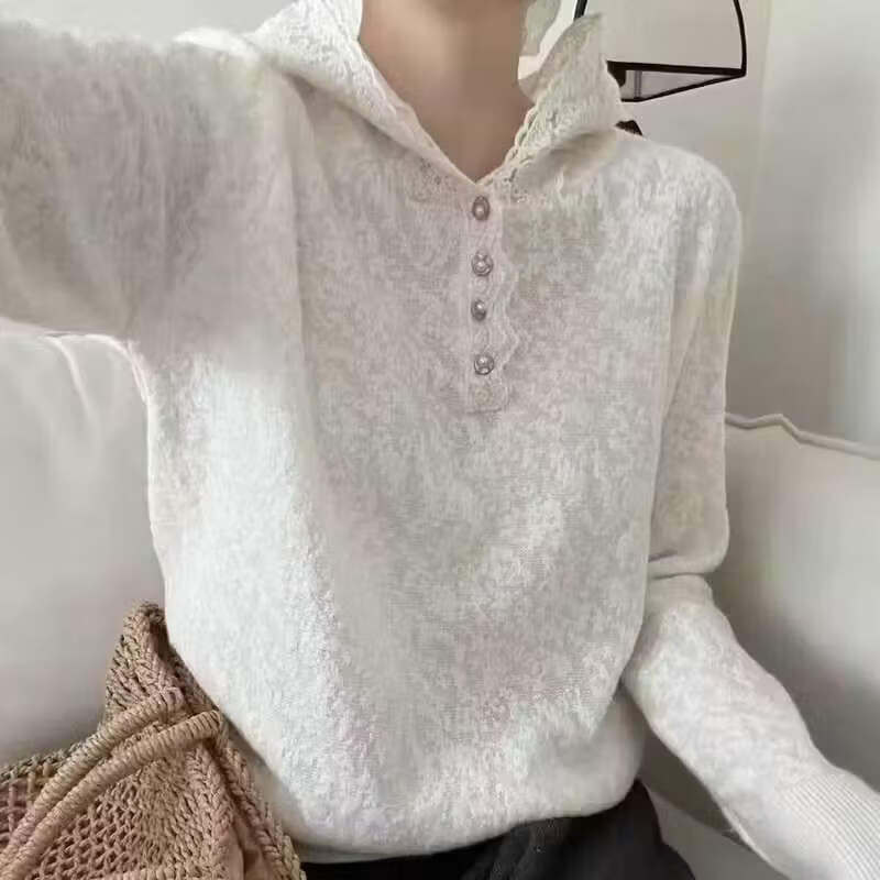 【轻奢品质】早春法式连帽蕾丝雕花长袖针织衫女韩版内搭显瘦打底 米色【优质版】 M （建议90-120斤）