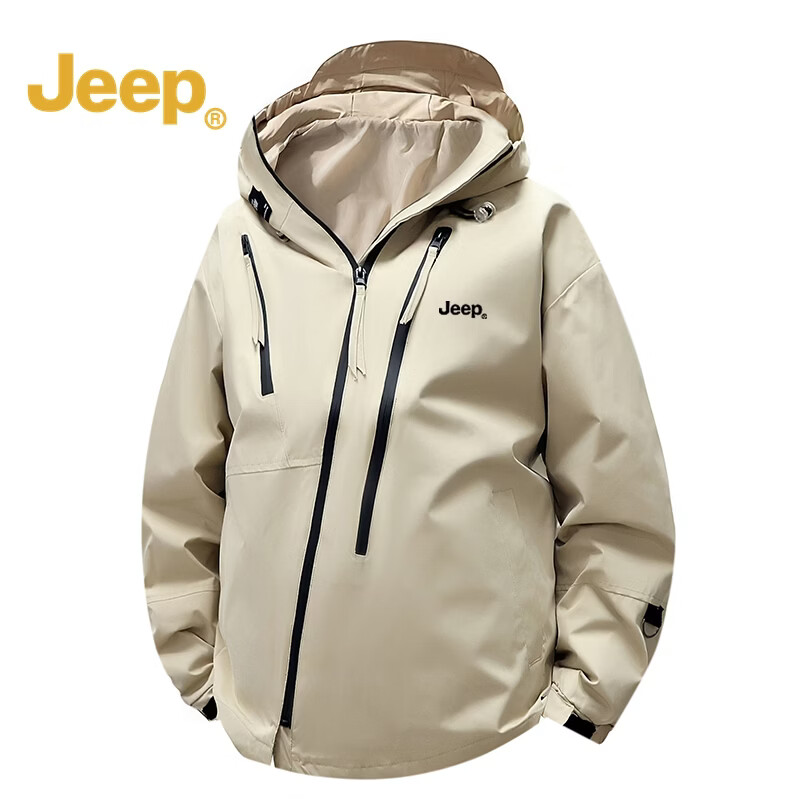 JEEP吉普 冲锋衣男秋冬季山系户外防风防水宽松连帽外套徒步登山服 黑色 M