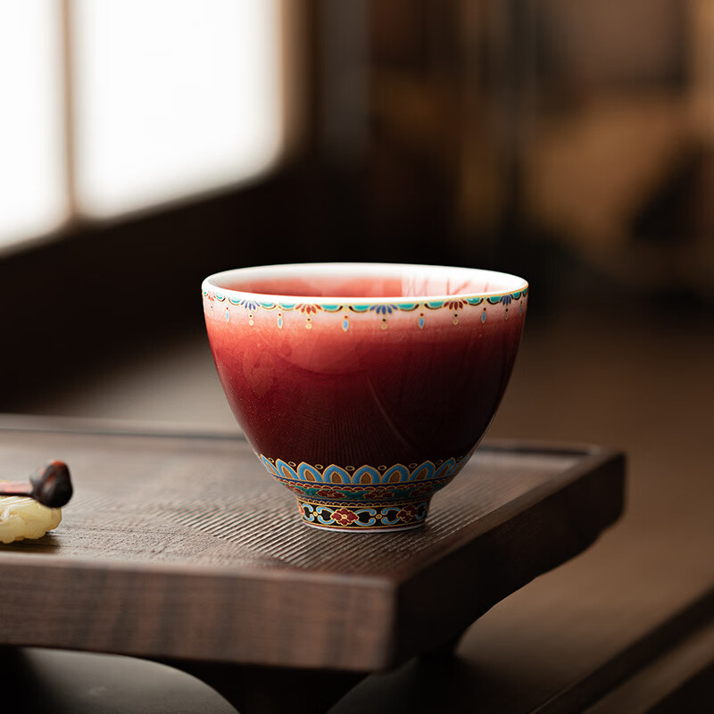 品茶客郎红敦煌宝相花将军杯复古功夫茶具陶瓷小茶杯主人杯品茗杯家用 郎红敦煌将军杯