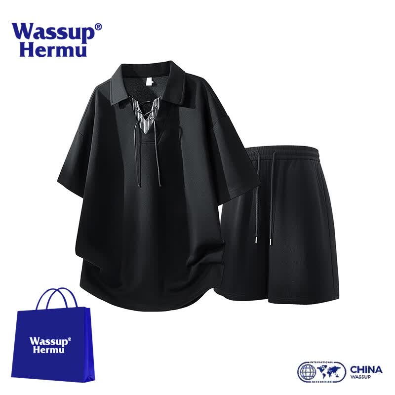 WASSUP HERMU官方短袖套装男夏季松弛���懒风T恤拼接系带V领假两件装休闲POLO衫 黑色套装 XL （推荐120-140斤）