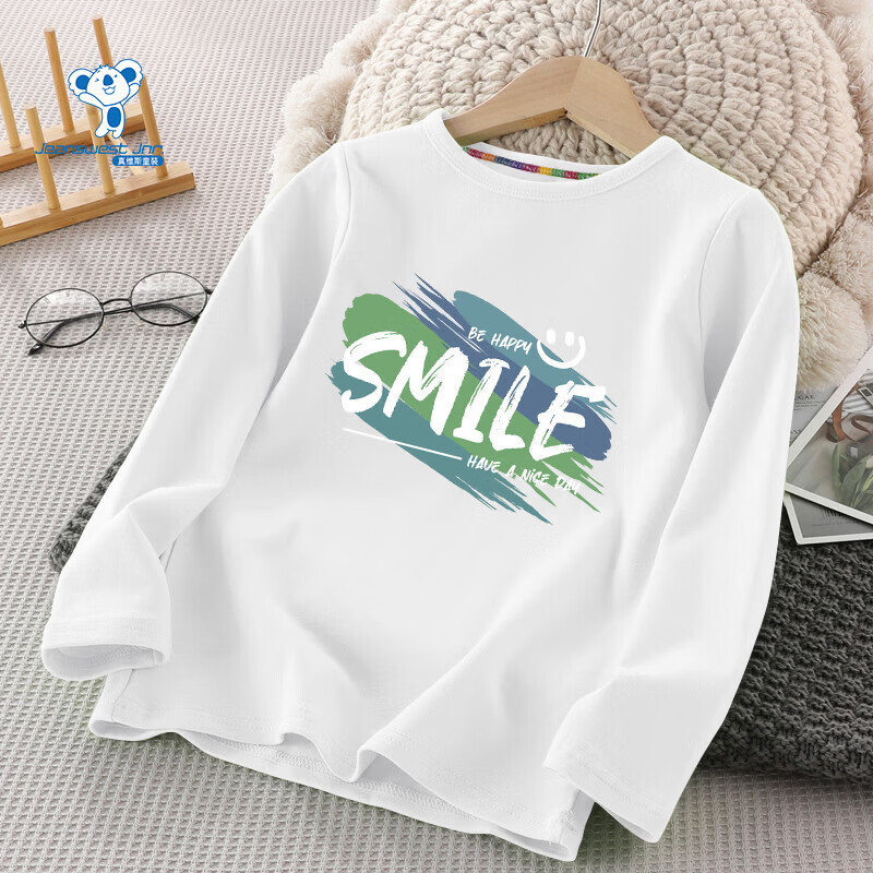 真维斯（Jeanswest）真维斯男童长袖t恤春款2026新款儿童休闲帅气纯棉上衣春装打底衫 白色水墨微笑 160