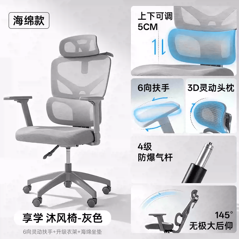 享学人体工学椅家用舒适电脑椅久坐升降电竞椅子靠背椅办公室椅子 云白灰(四向动态撑腰-6D扶手-3D头枕-高弹海绵坐垫)