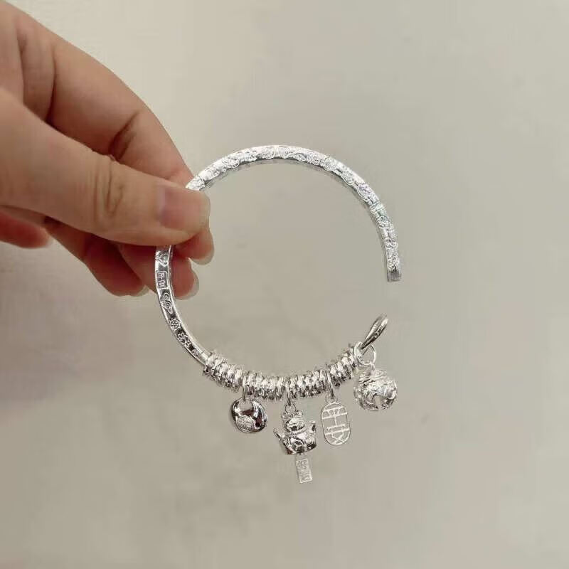 老凰祥9999吉言盘缠纯银手镯平安喜乐开口镯子送女友礼物 吉言平安猫+证书+礼盒