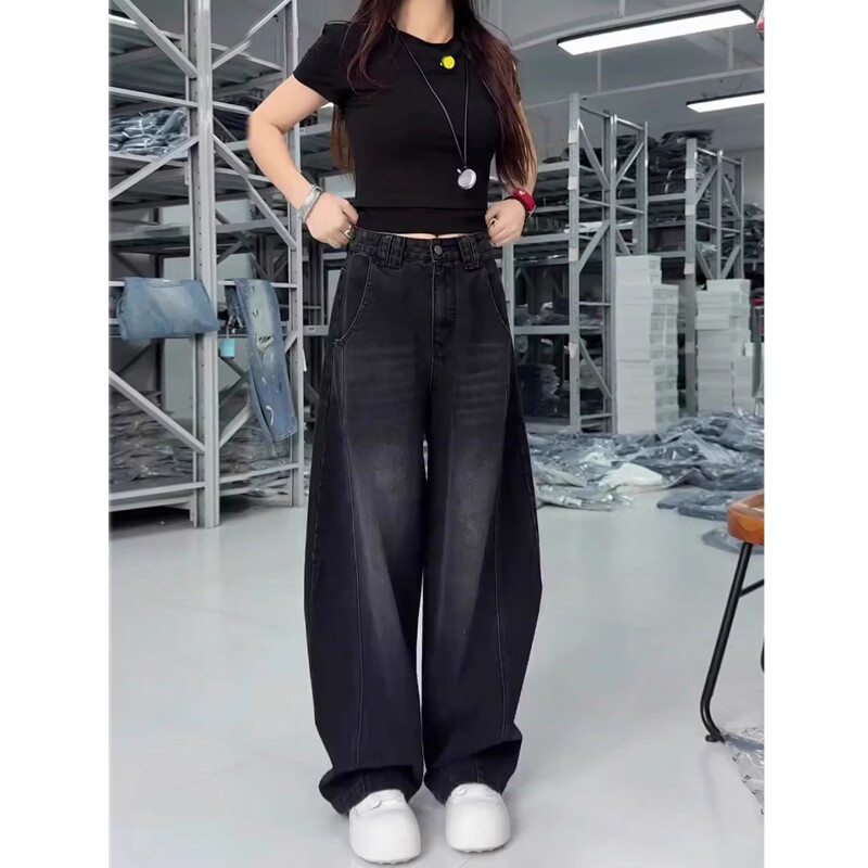 MODX美式黑色弯刀牛仔裤女秋季新款大码梨形身材高腰显瘦宽松阔腿裤子 黑灰色 常规 S 【80-95斤】