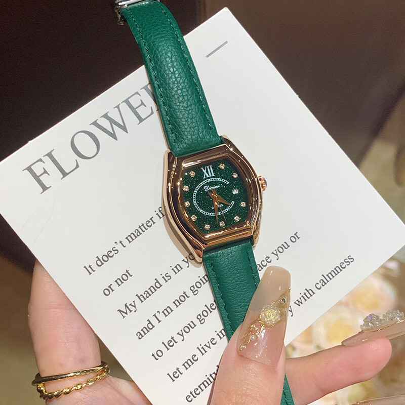 DIMINI新款酒桶型星空面CD扣轻奢经典时尚优雅女款防水机械风石英腕手表 星空绿面玫壳-绿皮(CD扣)