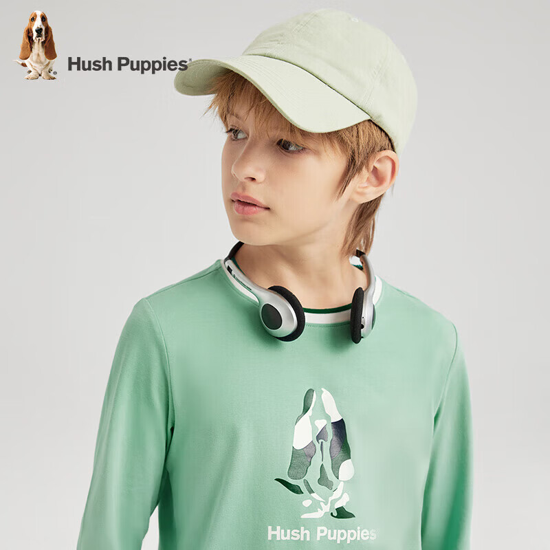 暇步士(Hush Puppies)【天丝系列】童装儿童男女大童秋季弹力舒适柔软经典长袖圆领衫 海浪绿 130