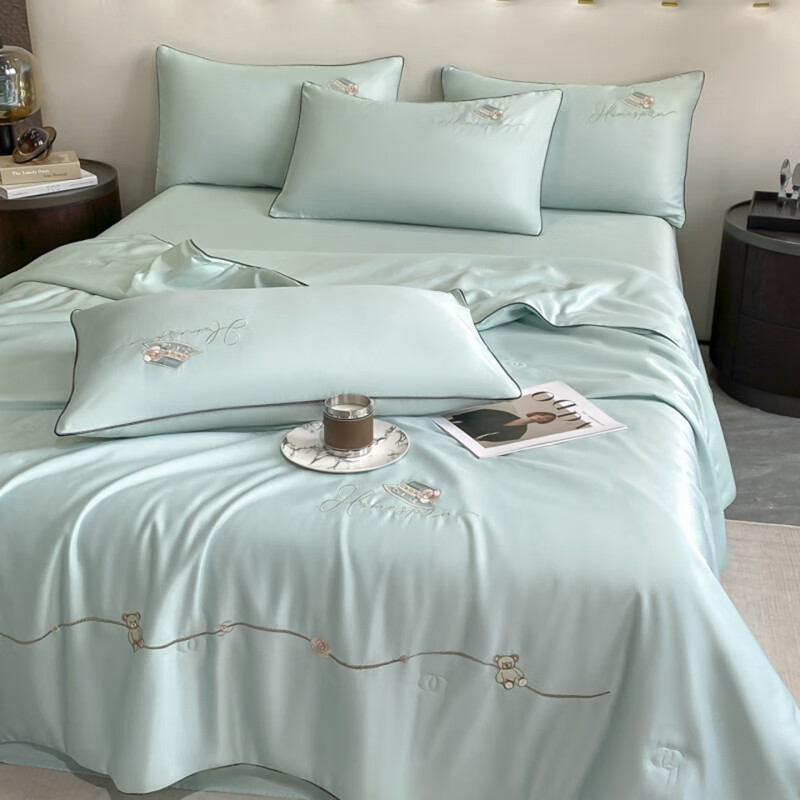 水星家纺夏凉被空调被水洗真丝夏被四件套夏季被子裸睡轻奢床单床笠 公主日记-白茶绿 床单款 夏被200*230cm++2枕套