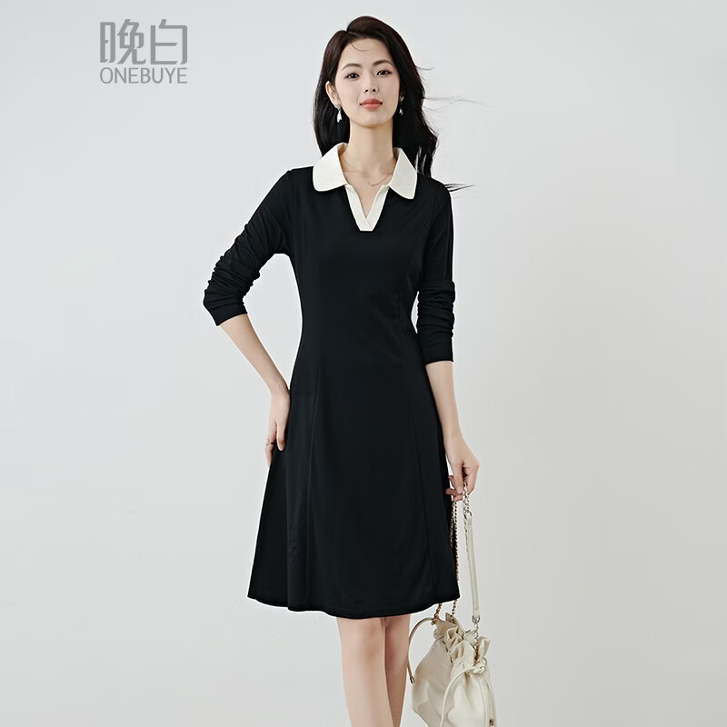 晚白【新品】2026春款黑白撞色V型翻领棉感裙子小个子显高休闲连衣裙 黑色 L
