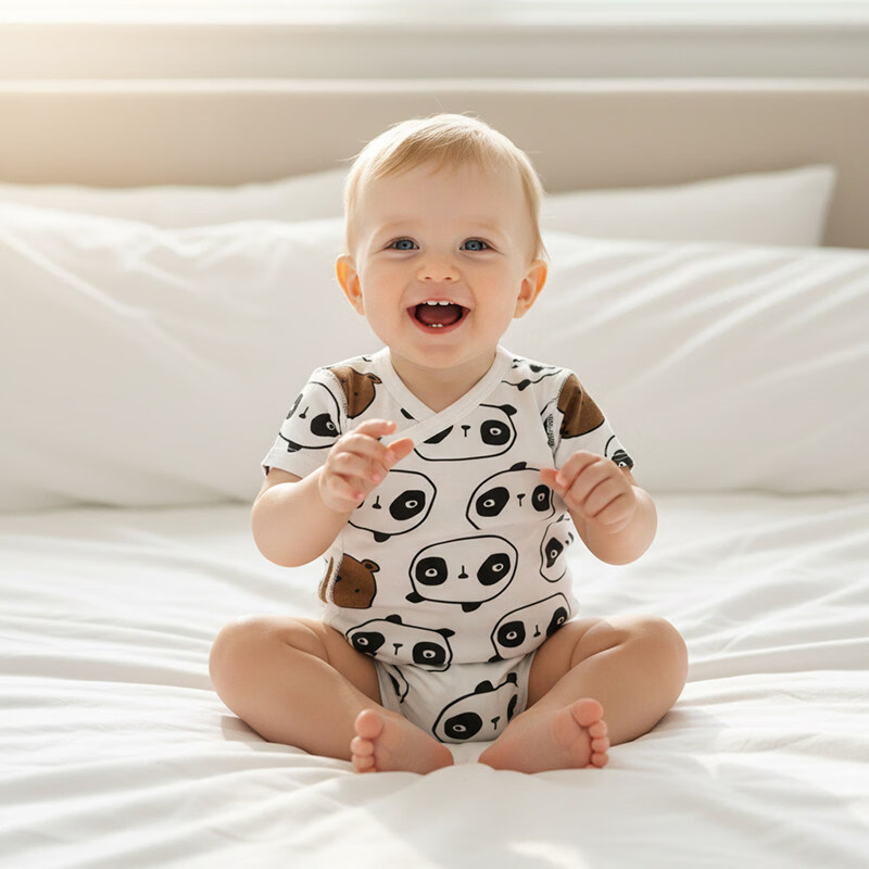 小猪大卫 PECODAVID夏新生婴儿A类纯棉包屁衣男女宝宝短袖对开哈衣爬爬服 hello熊猫 90cm 修身版，按身高，拍大一码