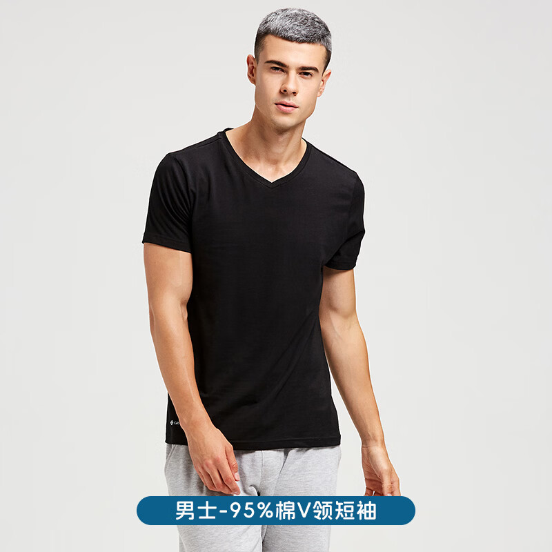 洁丽雅短袖含棉夏季T恤宽松透气潮流纯色短袖男运动休闲男士短袖 黑色【V领95%棉】 XL