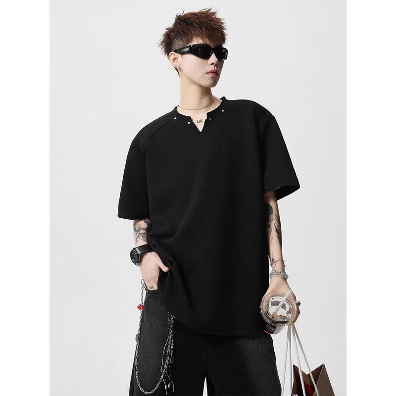 古柏梵男士短袖t恤夏季新款美式潮牌青少年体恤宽松休闲V领百搭半袖男装 黑色 XL 【建议120-140斤】