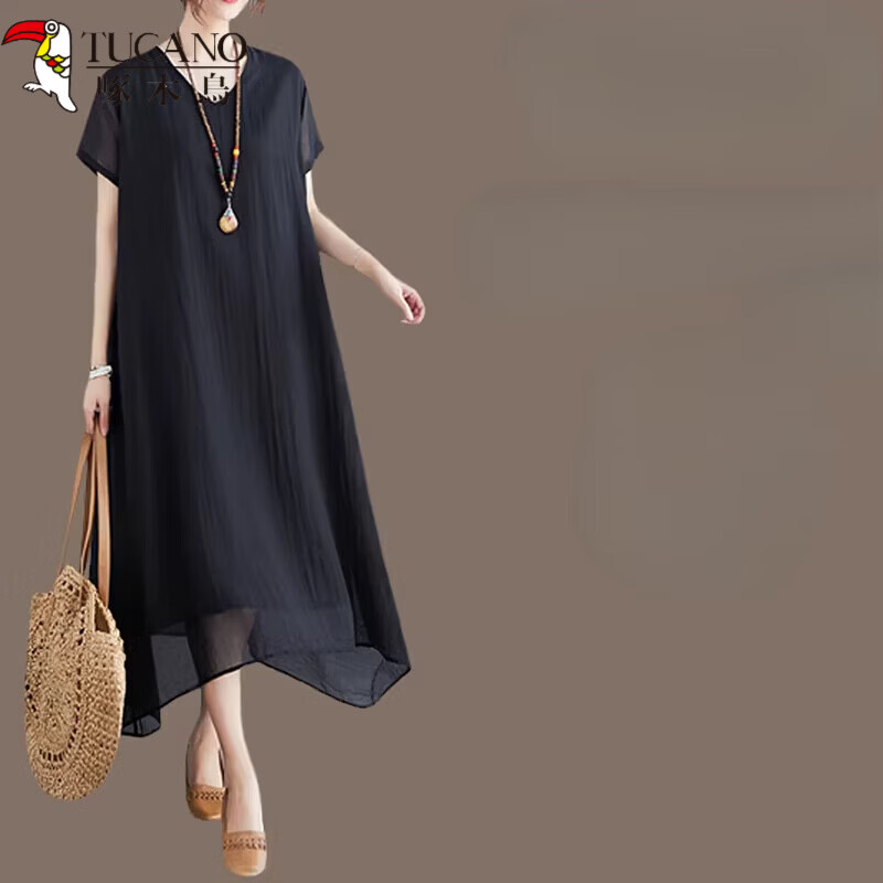 啄木鸟（TUCANO）2026夏季女装新款时尚中年妈妈胖mm裙子宽松大码黑色雪纺洋装夏 黑色(圆领)短袖 XL 约171-184斤