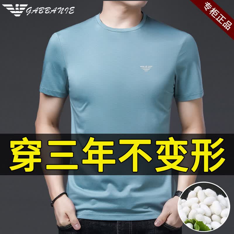 GABBANIE意大利正品高端桑蚕丝男士短袖t恤夏季纯色圆领名牌半袖体 国际一线品牌白色-V领 XL 175_【建议135-150斤】