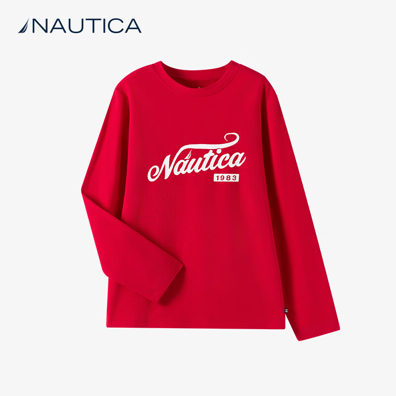 NAUTICA诺帝卡童装男童女童长袖T恤春季儿童休闲打底衫上衣衣服t恤亲肤棉 大红 120