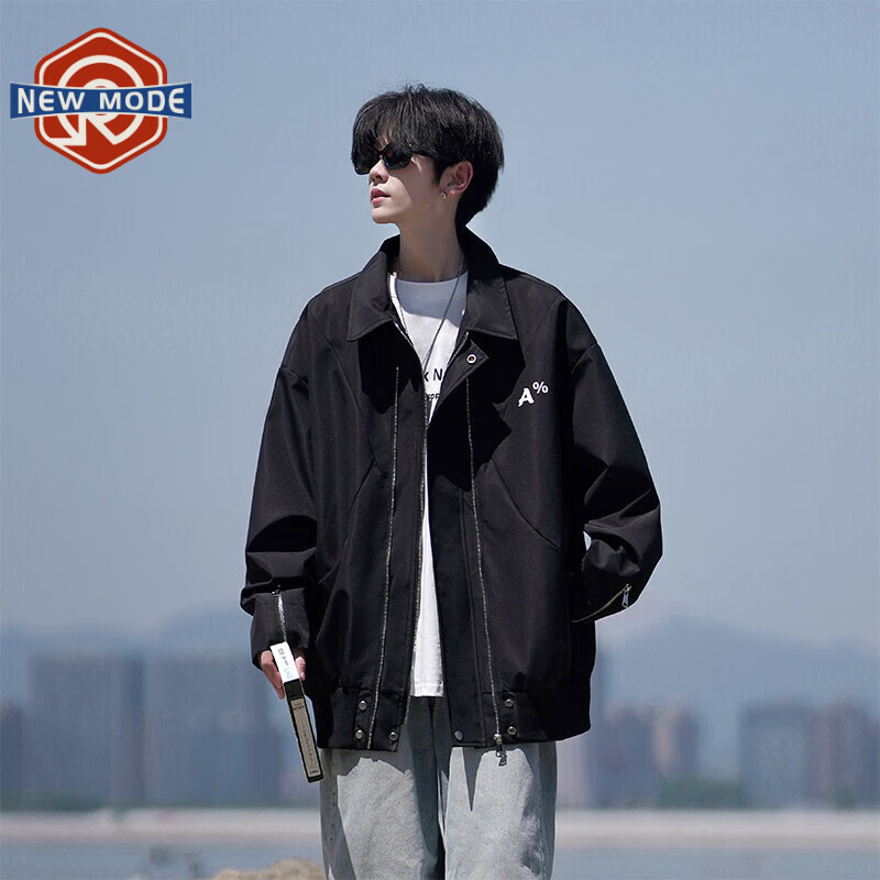 NEW OR MODE美式翻领飞行员夹克男春秋新款大码宽松休闲情侣高街百搭上衣外套 黑色【高品质】 M 【建议90-110斤】