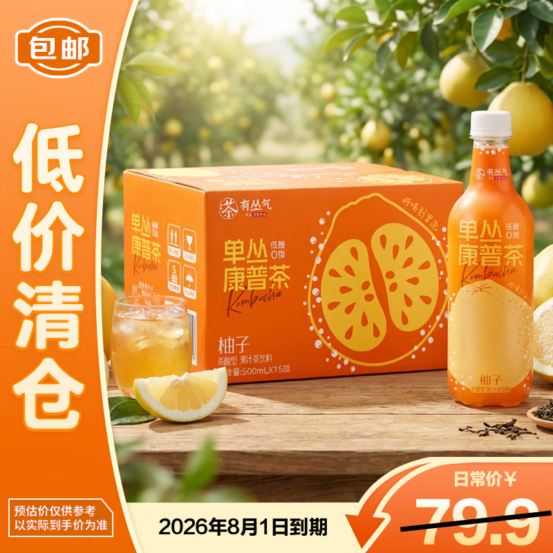 有丛气柚子单丛康普茶 发酵气泡柚子果汁茶饮料 500ml*15【临期清仓】