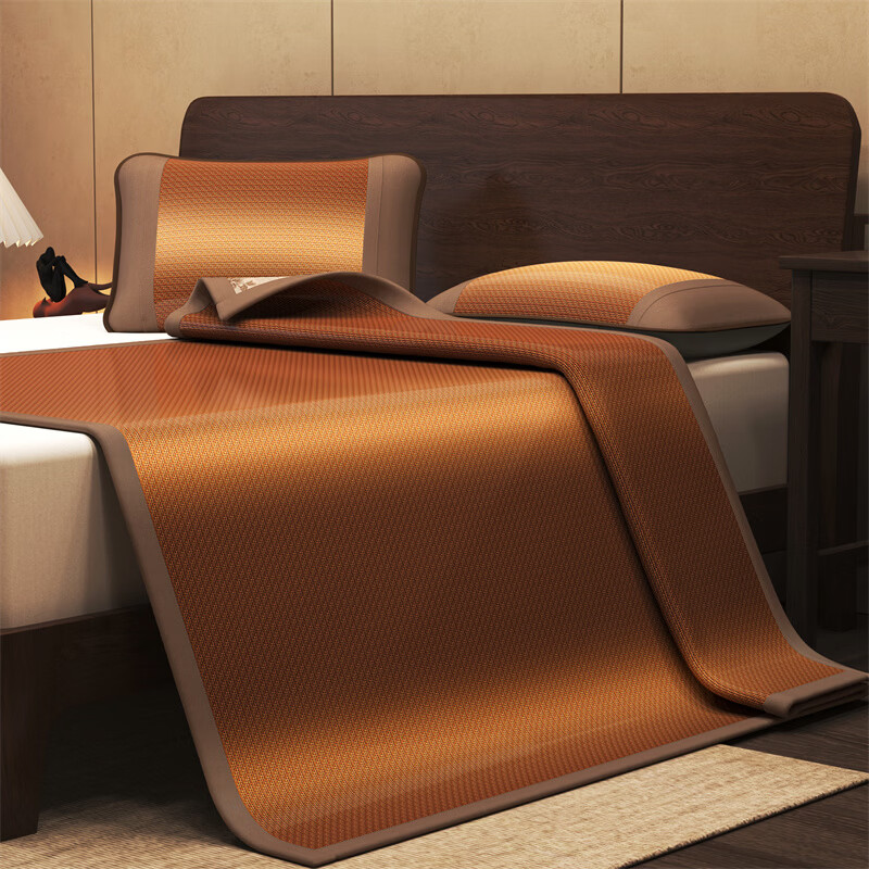 雅鹿藤席夏季冰丝席套件夏天家用双人床软席宿舍凉席双面凉席c 古风-姜黄 90*190cm（单席）