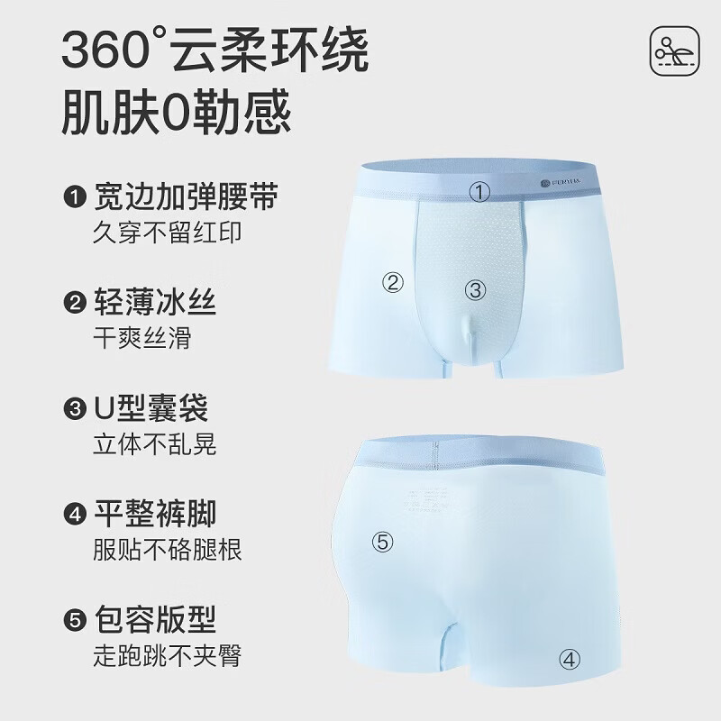 芬腾内裤男式内裤中腰10A简约平角内裤4条装 浅灰/白色/淡蓝/薄荷绿 4条 3XL