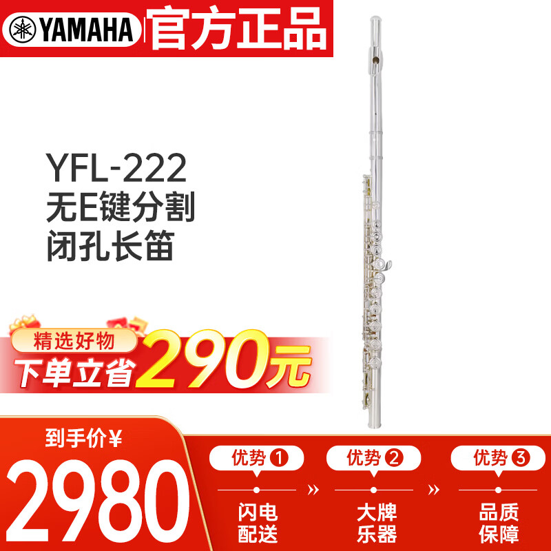 雅马哈（YAMAHA）YFL-222闭孔长笛16键初学者长笛C调长笛 YFL-222 【无E键分割】
