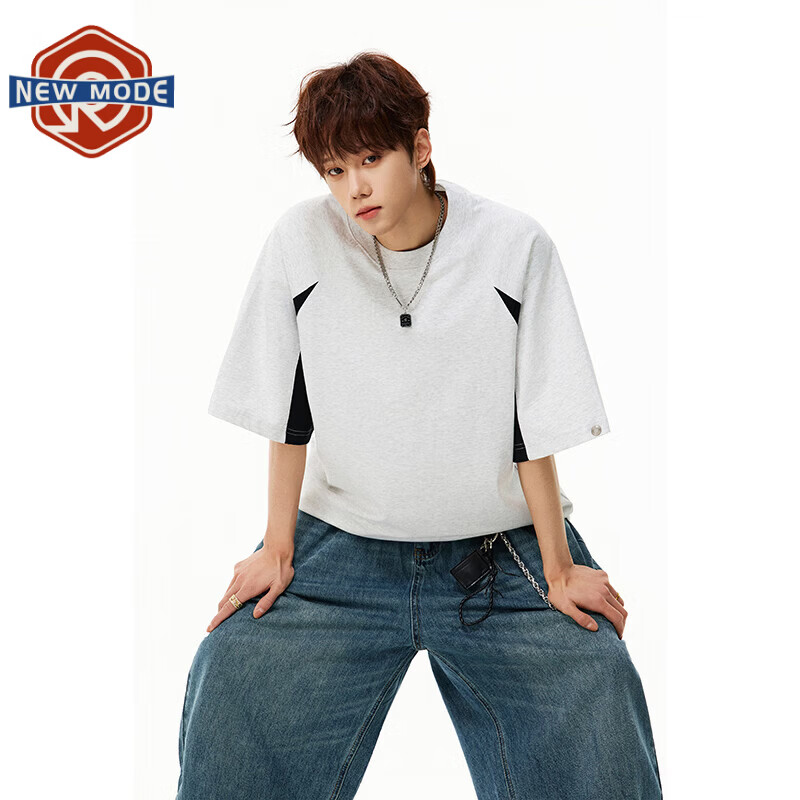 NEW OR MODE美式撞色拼接短袖t恤男夏季新款潮牌宽松设计感百搭休闲半袖T恤衫 灰色【高品质】 M 【建议90-110斤】