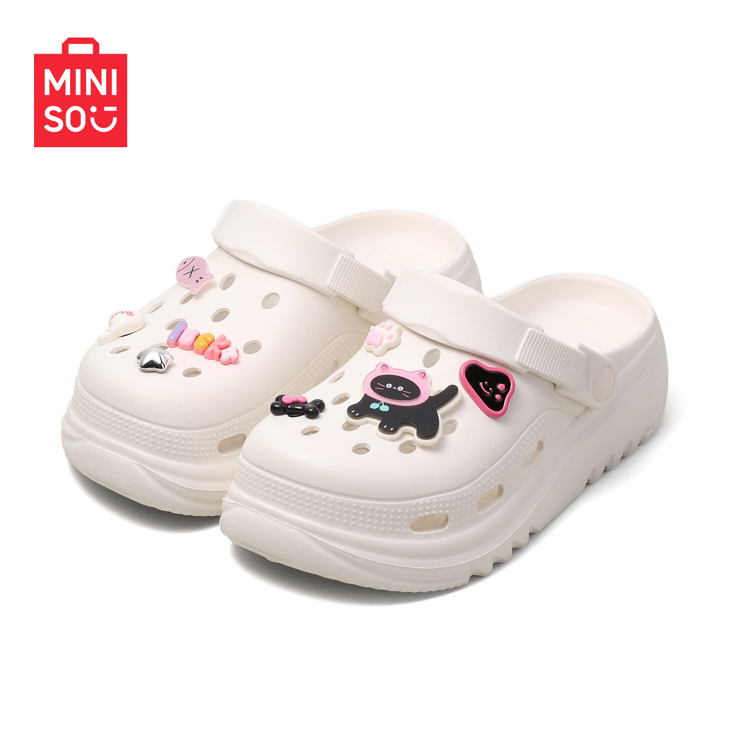 名创优品（MINISO）洞洞鞋女款夏季户外穿eva防滑防臭可DIY沙滩鞋增高凉拖鞋女士 白色+小黑猫 38-39