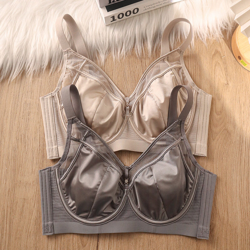 缎面大胸显小显瘦薄款内衣女软钢圈收副乳防下垂调 黑色套装 100C 44_D