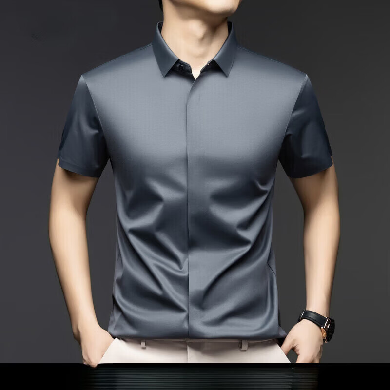 丨利郎丨桑蚕丝衬衫男士短袖2026夏季新款商务休闲免烫黑色工装衬衣 米灰色 4XL 建议【190-210斤】