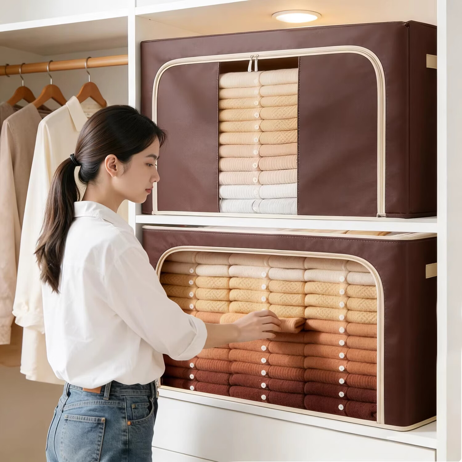 吱凡日本衣服收纳箱整理箱家用衣柜加厚牛津布衣物专用箱装羽绒服被子 【双拼米】33L-三面开口【可装50件T恤/15条裤子】 【1个装】0异味