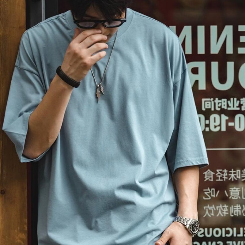 MADEN工装美式复古冰氧酷凉感T恤男夏季宽松透气纤维丝薄款短袖上衣 浅蓝色 /蒂芙尼蓝/宽松 M