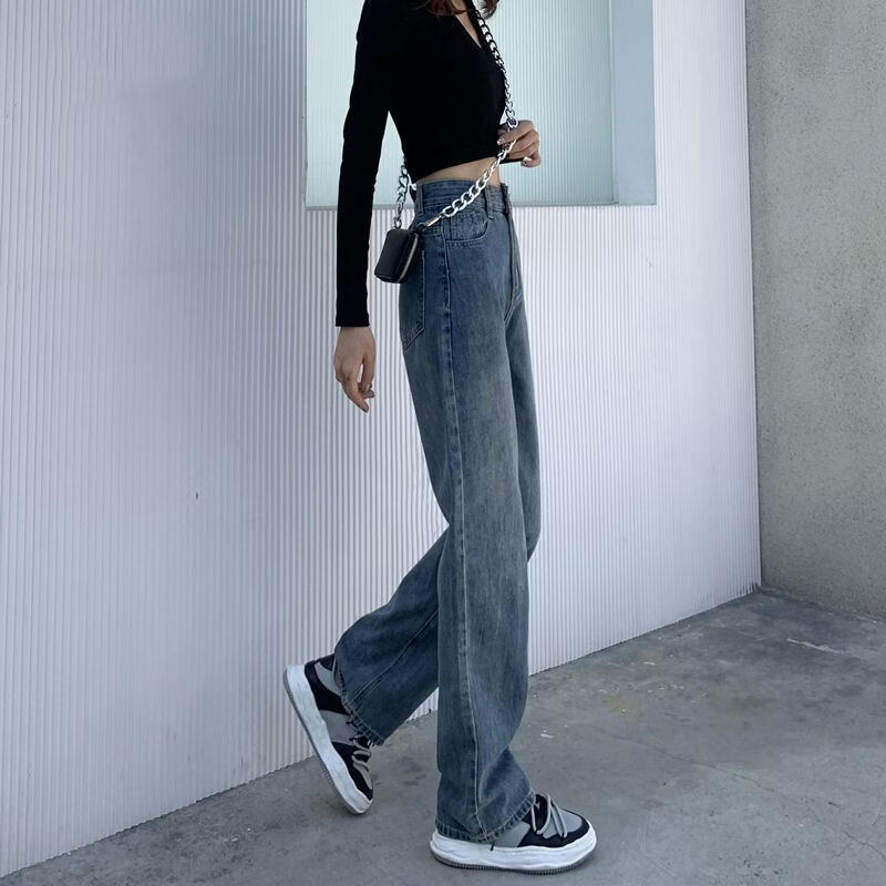 蝴蝶曼复古直筒牛仔裤女2026夏季宽松高腰显瘦百搭休闲长裤子 蓝色 L