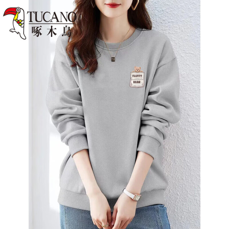 啄木鸟（TUCANO）2026新款纯.棉卫衣女宽松显瘦圆领上衣休闲百搭加绒秋冬卫衣女 口袋熊-杏色【不加绒】 S 【建议70-100斤】