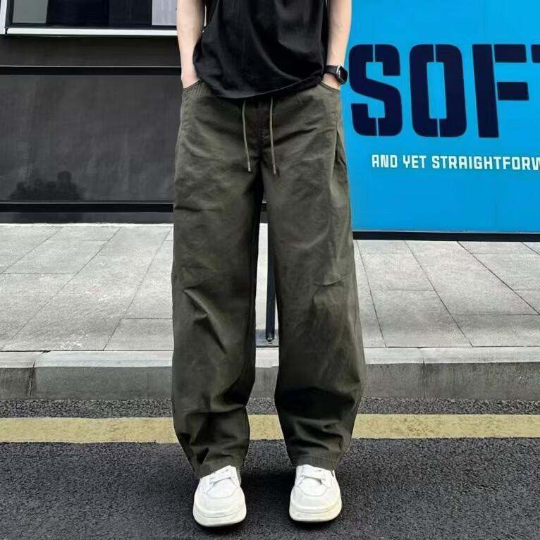 军绿色工装休闲裤  复古高级感褶皱阔腿裤  男女同款裤子 军绿色 2XL 适合145-165斤