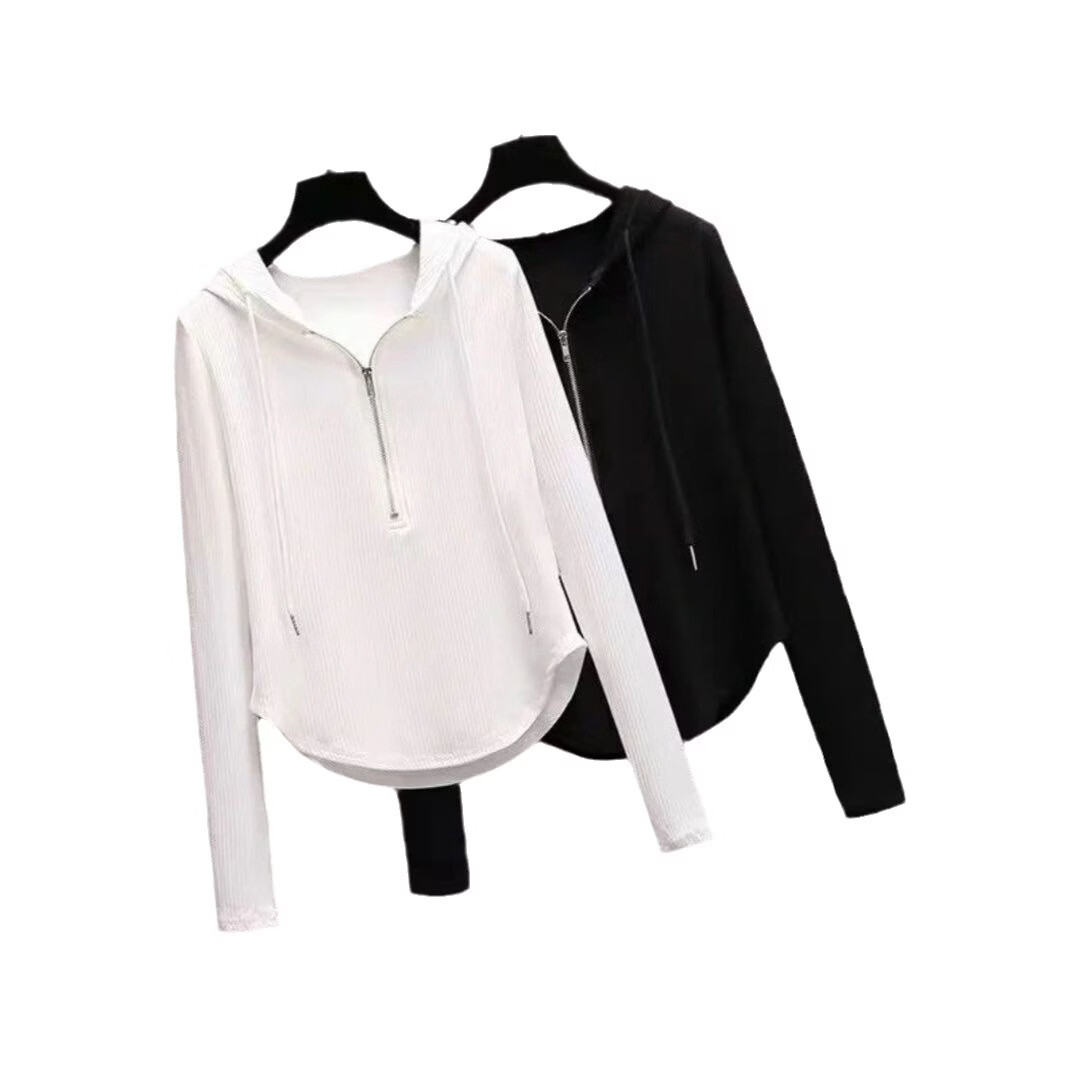 BURQAMARCH春秋卫衣女2026新款连帽长袖短款气质打底衫修身燕尾高腰女士上衣 白色 XL （建议105-130斤）