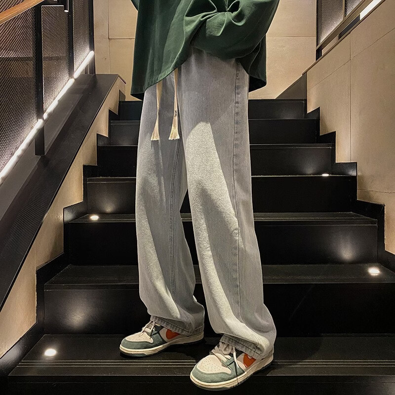 布卡澜琦青年复古春秋季纯色直筒宽松阔腿牛仔裤男美式高街百搭休闲长裤子 015牛仔裤【灰色】 S (建议80-90斤)