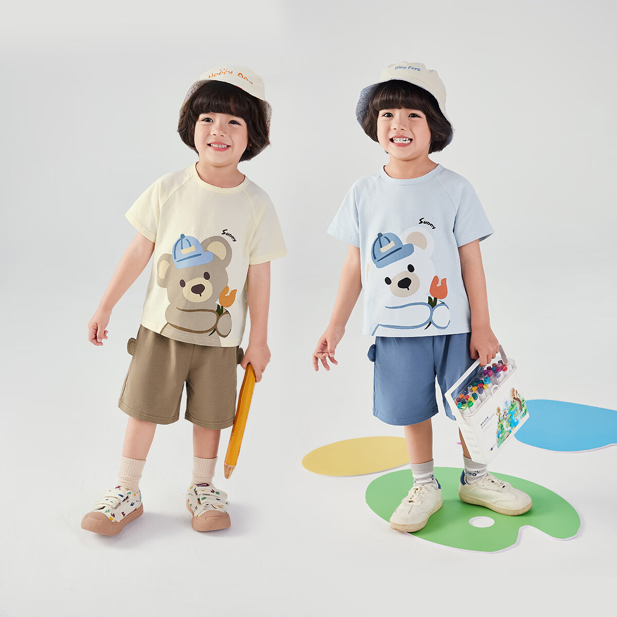 JELLYBABY【小熊卡通两件套】25年新品夏季男童婴幼T恤短裤套装可爱透气 蓝色 100