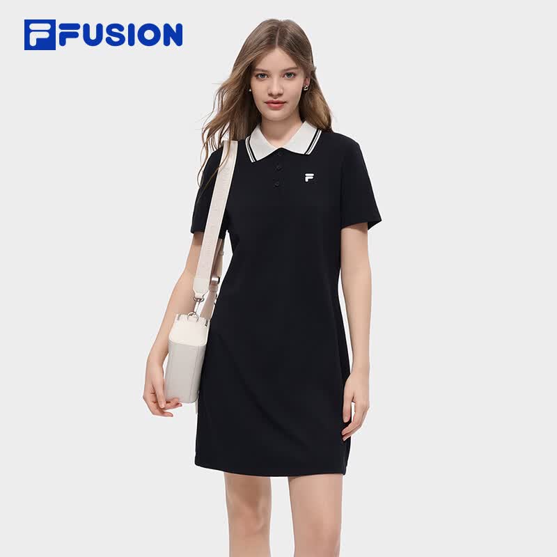FILA FUSION斐乐潮牌女子针织连衣裙2026夏季新款领口撞色POLO裙 正黑色-BK M 165/84A/M