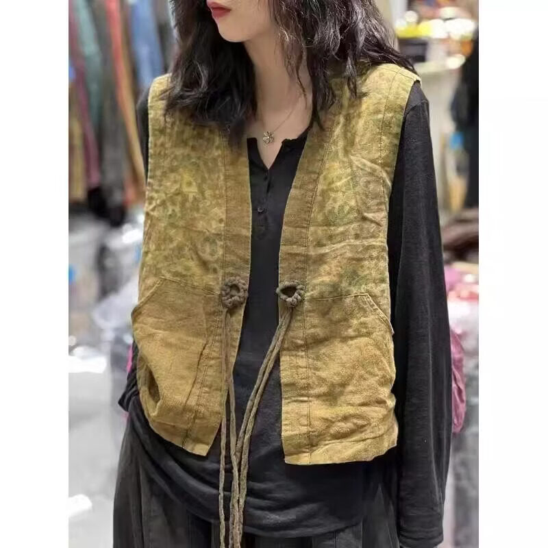 MODX新中式盘扣亚麻马甲背心女早秋复古印花拼接宽松叠穿坎肩外套上衣 黄色 (少量现货) M 【建议85-100斤】