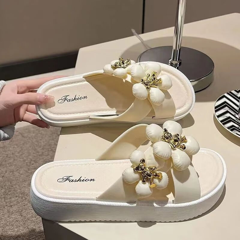 拖鞋时尚夏季外穿沙滩平底凉拖仙女风小熊厚底百搭凉拖鞋 金色小熊-凉拖杏 36-37