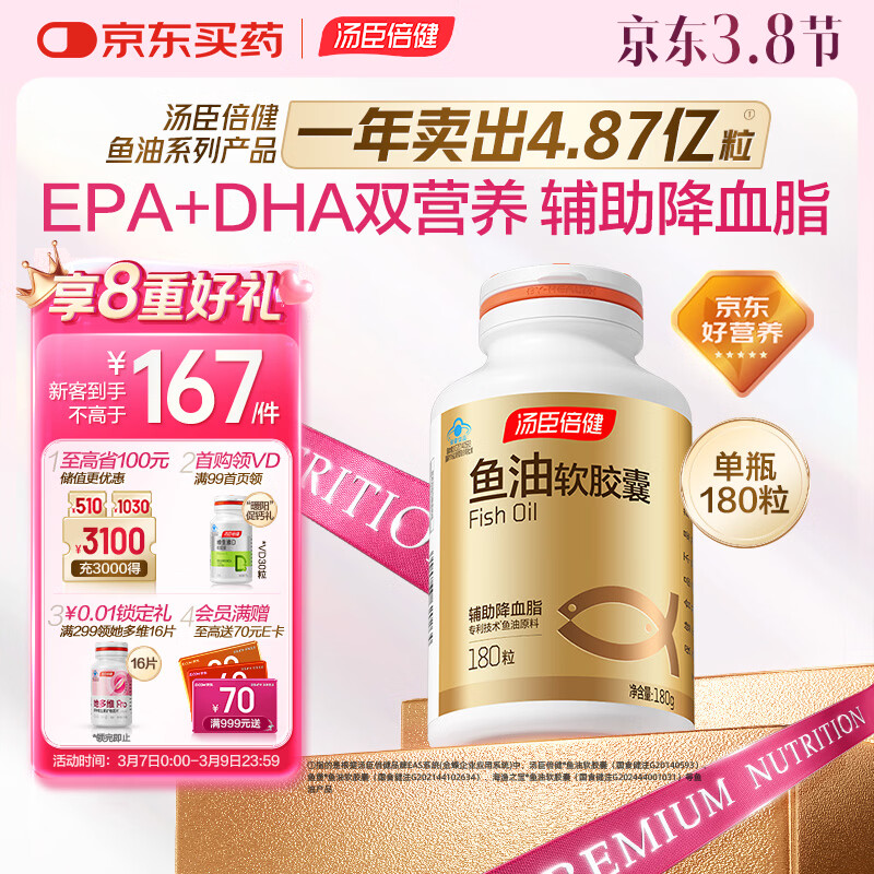 汤臣倍健鱼油软胶囊180粒鱼油omega3+epa+dha辅助降血脂鱼油成人中老年