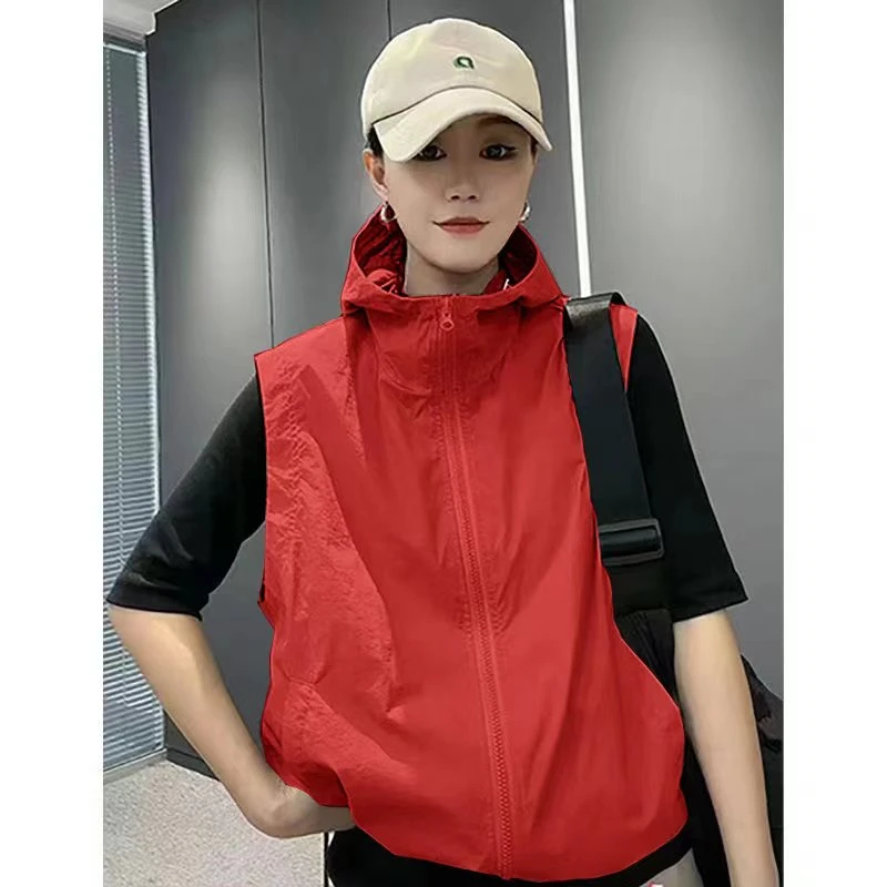春夏新款休闲百搭连帽纯色显瘦时尚透气马甲薄款夏天防晒衣外套女 红色 L 建议（105-120斤）
