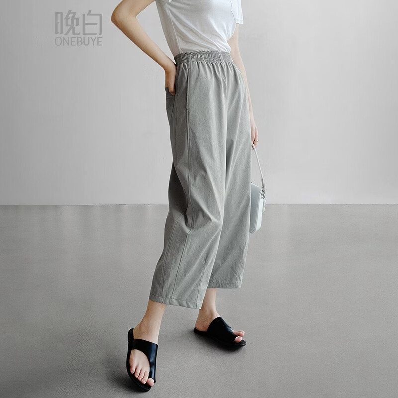 晚白【新品】2026年春款休闲舒适松紧腰裤子遮胯显瘦日常通勤直筒裤女 灰绿色 29