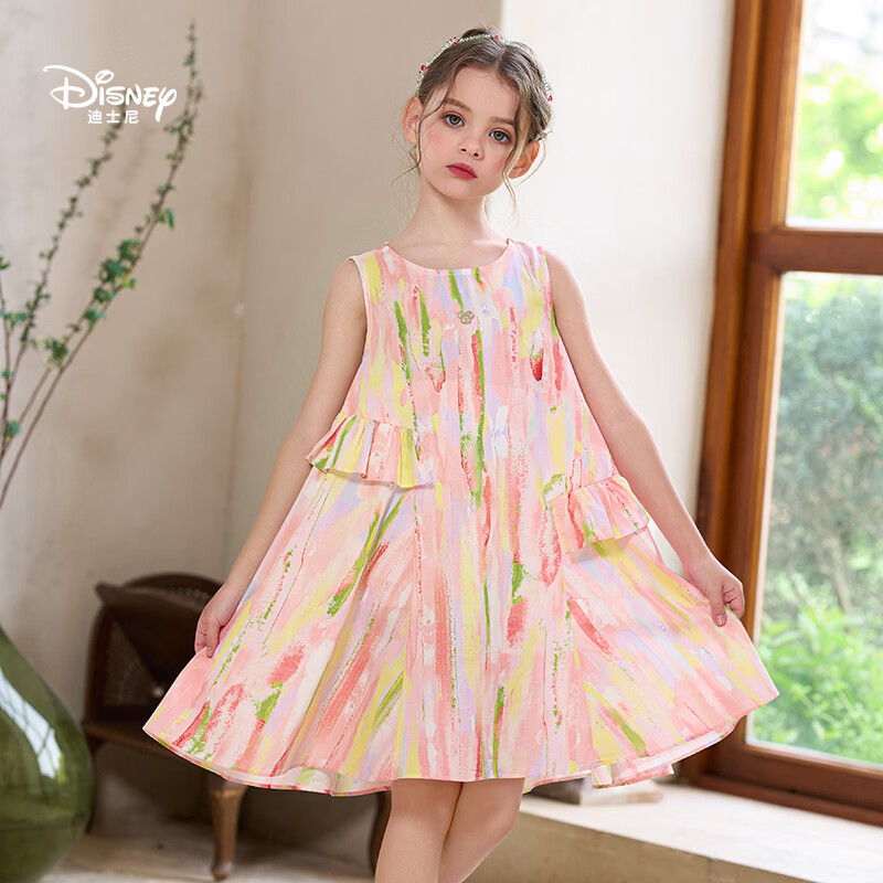 迪士尼(Disney)女童连衣裙2026夏季新款中大童女孩无袖薄款海边碎花公主裙子 粉色(055) 140 【建议身高135-145cm,体重60-70斤】