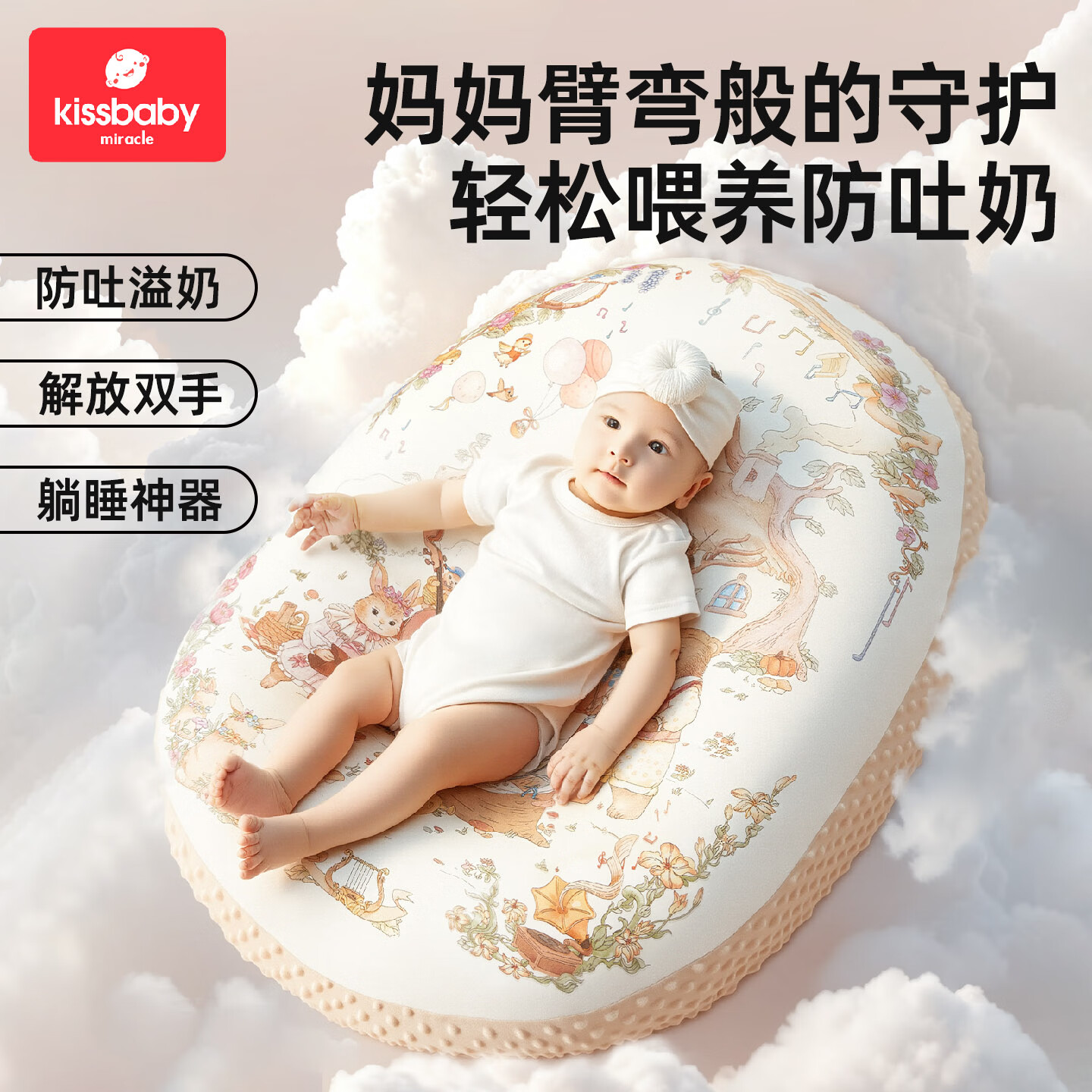 Kissbaby Miracle婴儿防吐奶斜坡垫0-6个月新生儿防惊跳躺喂奶神器防溢呛奶斜坡枕 0-1岁 卡通动漫 双面款【萌音茶叙】-可拆洗