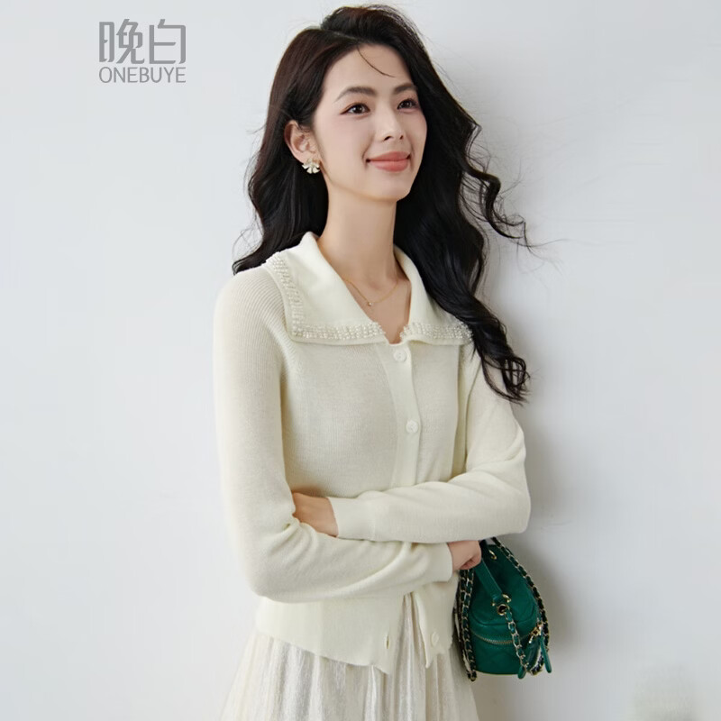 晚白2026春温柔奶油系重工串珍珠领含羊毛上衣插肩袖软糯舒适针织开衫 米杏色 L