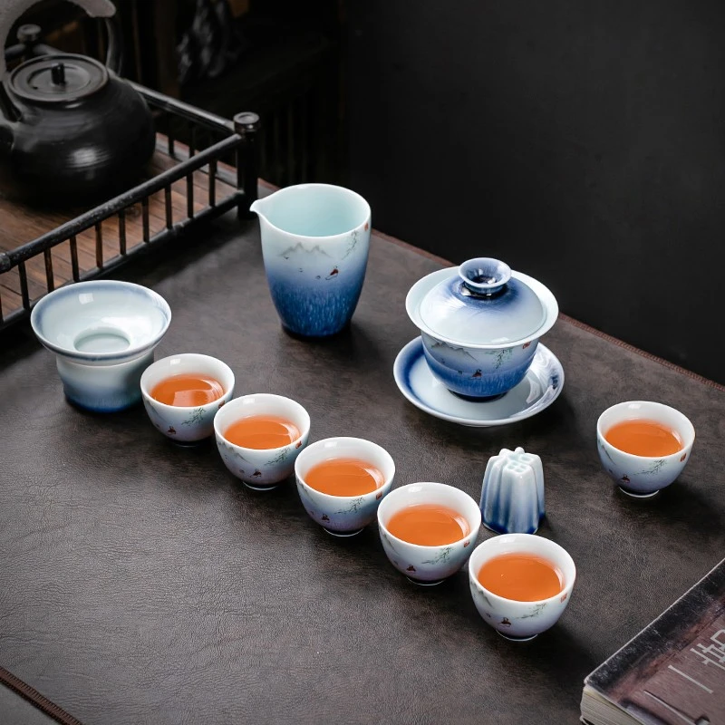 京峰阁 茶具套装 景德镇陶瓷手绘划船茶壶整套高档轻奢家用办公商务礼品 手绘划船皮盒套装 6人饮 11件