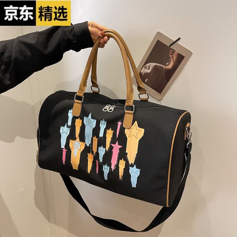 稻草人大容量帆布包时尚旅行包女短途轻便行李袋外出旅游瑜伽健身手提包 黑色